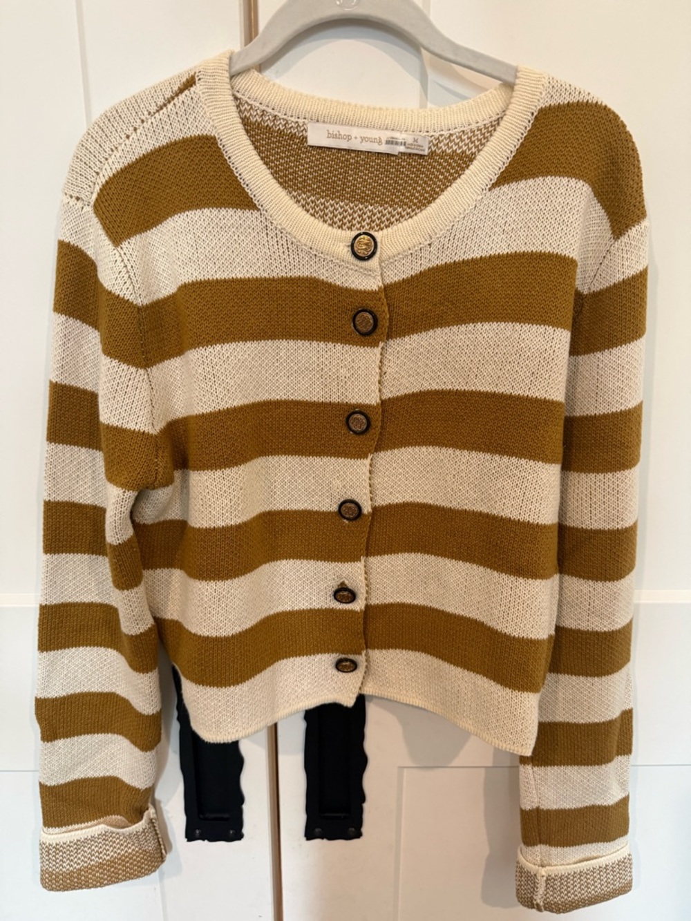 Bishop + Young Cream and Mustard Striped Knit Cardigan-Medium